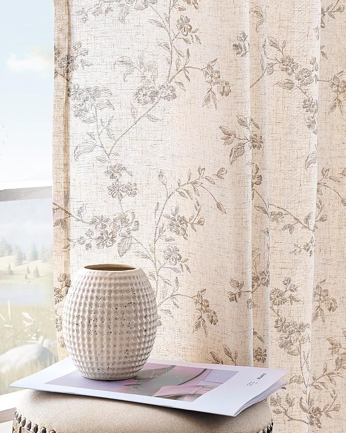 jinchan Linen Floral Curtains for Living Room 63 Inch Length Taupe Printed - Image 5