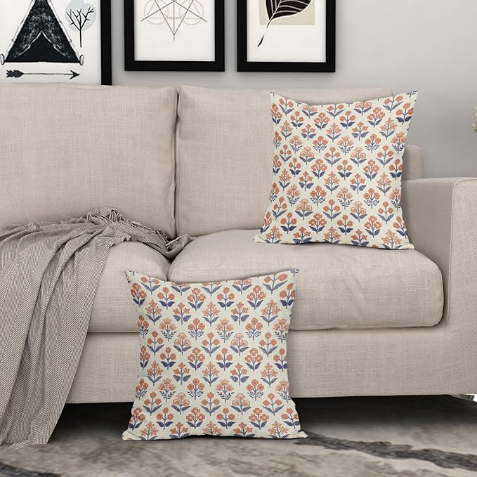 Navy Blue Orange Floral Block Print Pillow Covers 24x24 Inch Set of 2, Fall - Image 3