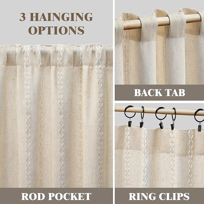 Boho Light Filtering Curtains 63 Inches Long Beige Linen Blend 2 Panels - Image 5