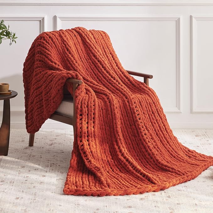 Negwoo Chunky Knit Throw Blanket, Handmade Orange Crochet Big Thick Blanket - Image 2