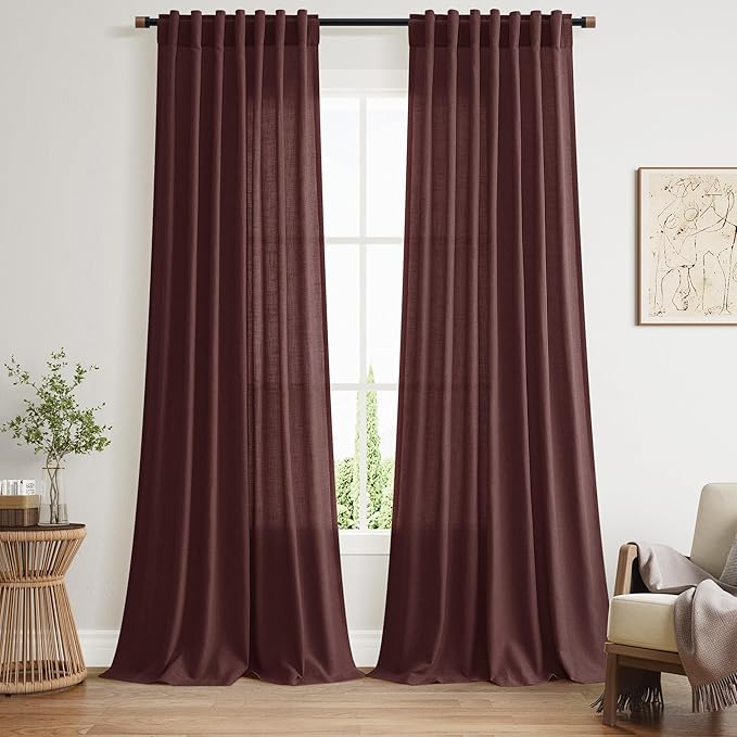 Nanspring Reddish Brown Linen Blend Light Filtering Back Tab Curtains 108 by Nanspring
