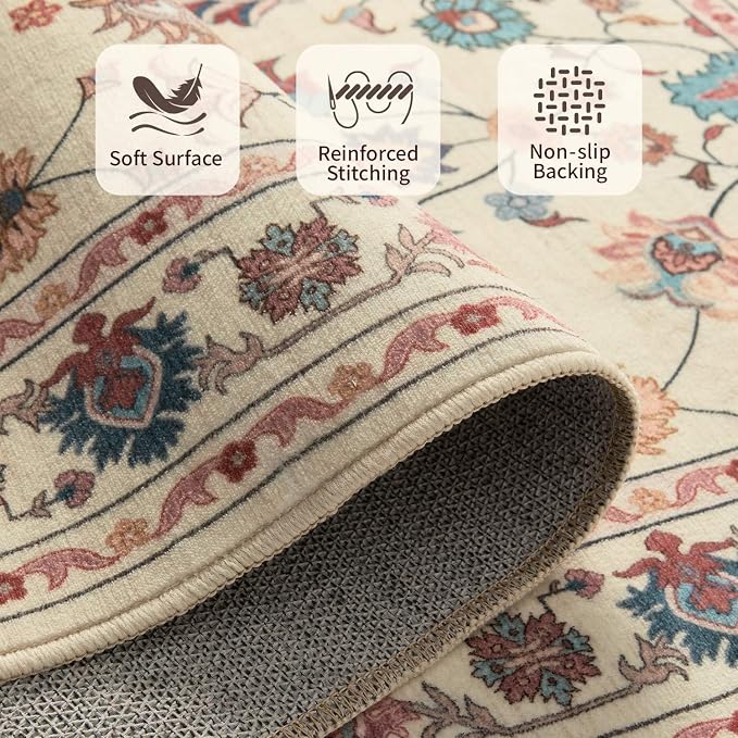 Rugxara Pink Rug for Living Room Bedroom, Floral 8x10 Washable Rug, Vintage - Image 5