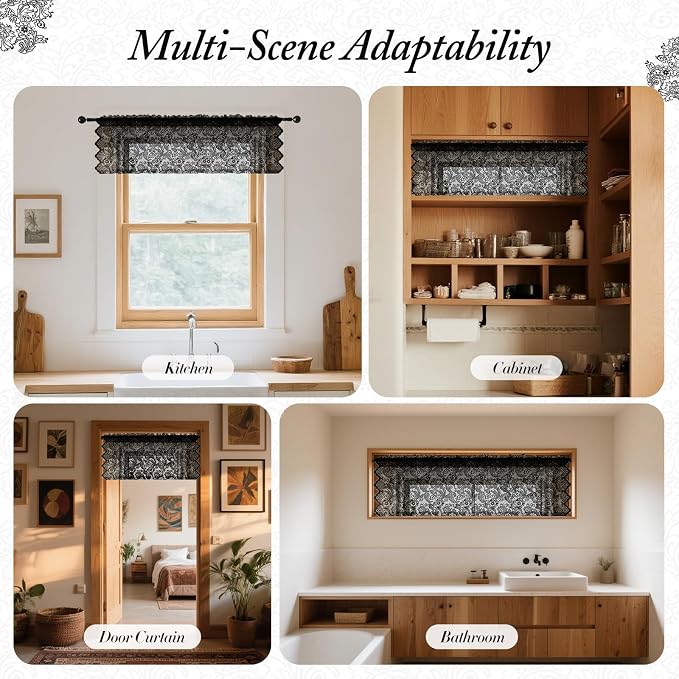 Rinwoc Black Lace Semi-Sheer Kitchen Valance Curtains – Vintage Floral Lace - Image 4
