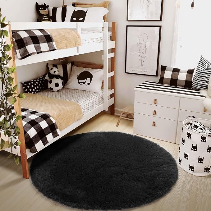 Black Round Rug 6Ft for Bedroom Aesthetic, Fluffy Plush Circle Area Rugs for - Image 7