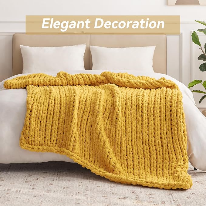 Negwoo Chunky Knit Throw Blanket, Handmade Yellow Crochet Big Thick Blanket - Image 5