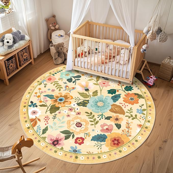 RELEANY Floral Nursery 6ft Area Rugs Washable Print Boho Cute Carpet Non Slip by RELEANY