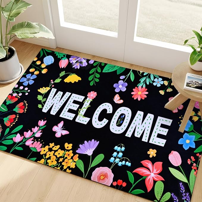 Likiyol Floral Door Mat Outside Entrance, Colorful Flower Welcome Mat Front - Image 3