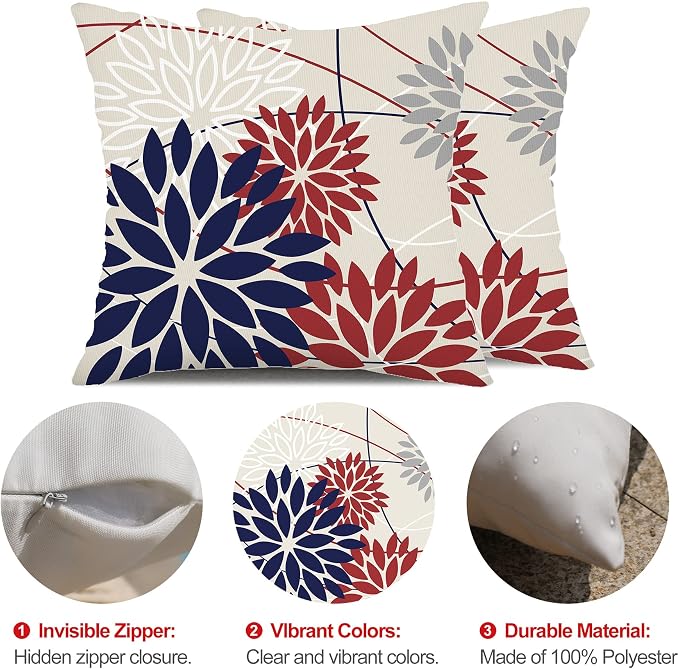 DFXSZ 4th of July Pillow Covers 20x20 Inch Set of 2 Patriotic Blue Red Floral - Image 6