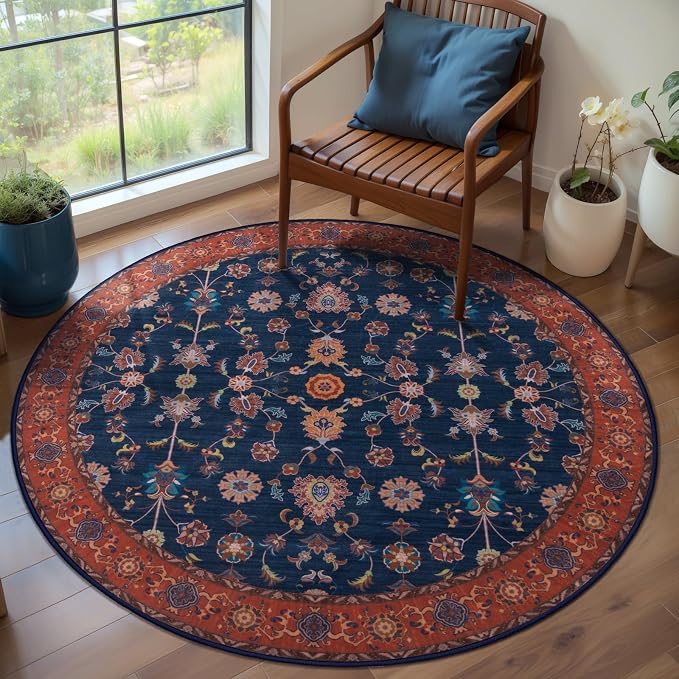 Tangsoo Vintage Round Rug 5ft Washable Circle Rug, Non Slip Boho Round Area Rug - Image 2