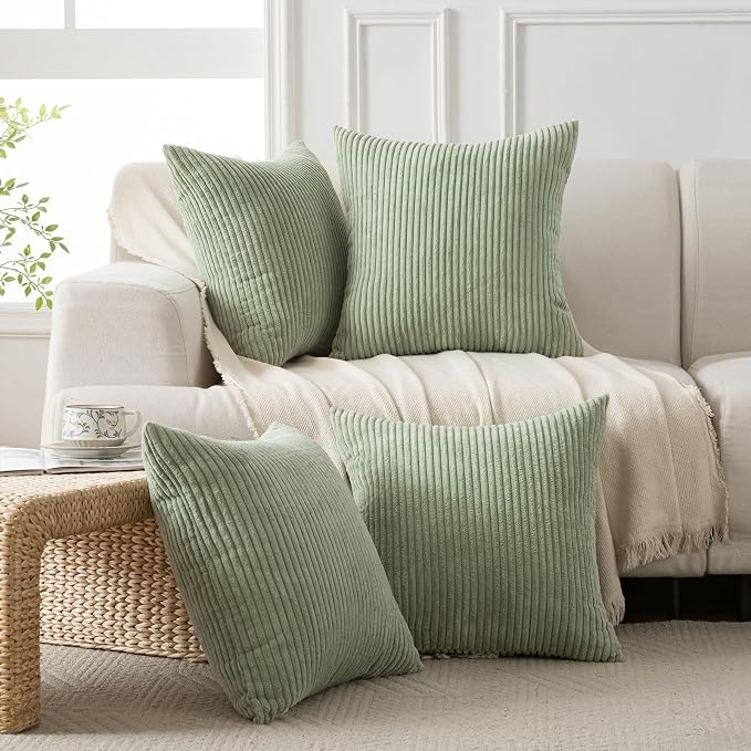 Volcanics Set of 4 Sage Green Corduroy Decorative Couch Throw Pillow Covers by Volcanics