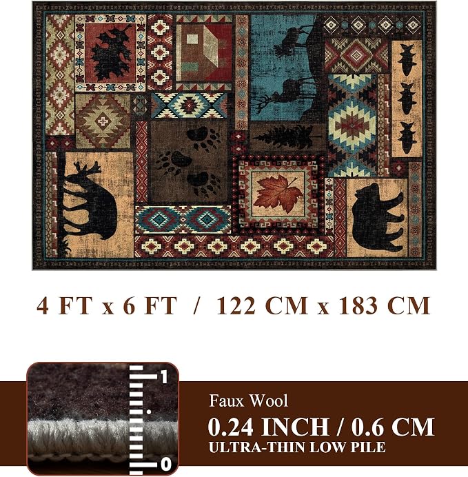 YIHOUSE Rustic Cabin Area Rug 4x6, Machine Washable Lodge Bear Rug, Non-Slip - Image 2