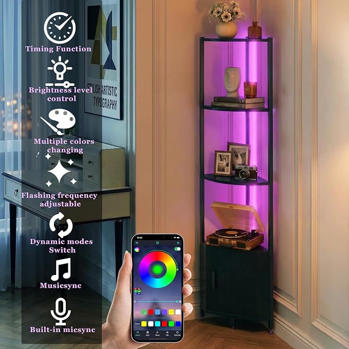 Corner Shelf with Storage, LED Lights 6-Tier Corner Bookshelf - Image 4