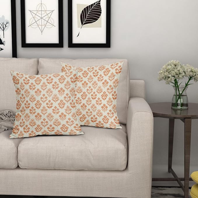 Orange Floral Pillow Covers 20x20 Inch Set of 2, Vintage Flower Block Print - Image 7