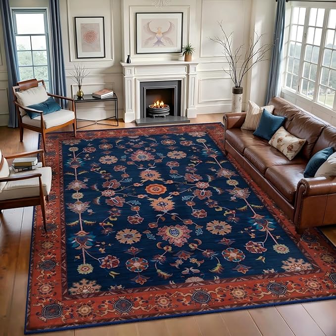 Tangsoo Floral Area Rug 6x9 Machine Washable Red Blue Rug Non-Slip Vintage by Tangsoo