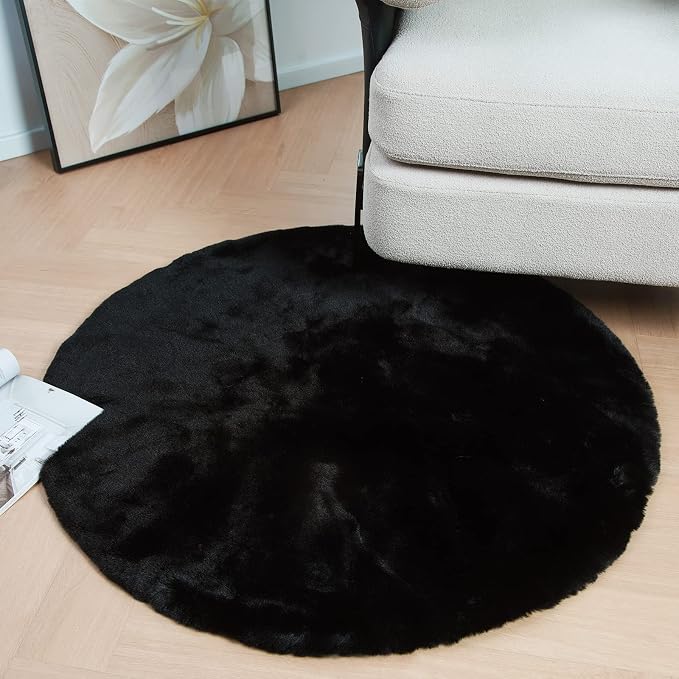 Latepis Fluffy Round Area Rugs 4ft Black Shag Rug Circle Faux Fur Rabbit Rug - Image 2