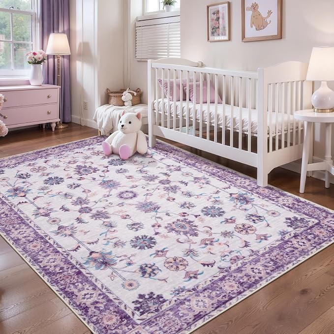 Tangsoo 4x6 Washable Area Rugs Non Slip, Boho Distressed Vintage Purple Floral - Image 2