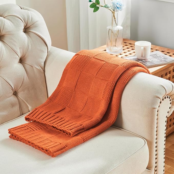 CozeCube Check Knit Throw Blanket, Rust Orange Checkered Throw - Image 7