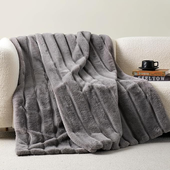 Cozy Bliss Deluxe Sheared Rabbit Faux Fur Throw Blanket, Soft Fuzzy High-Low - Image 3