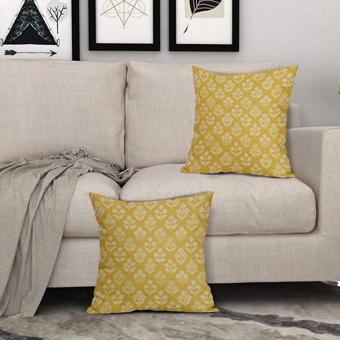 Yellow Floral Pillow Covers 22x22 Inch Set of 2, Vintage Flower Block Print - Image 3