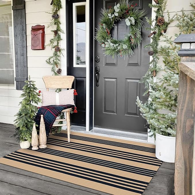 KOZYFLY Striped Front Door Mat 3x5 Ft Brown and Black Front Door Rug Cotton by KOZYFLY