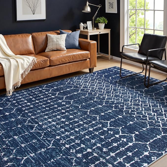 Lahome Moroccan Blue Rugs for Living Room Washable Rugs 8x10 Non-Slip by Lahome