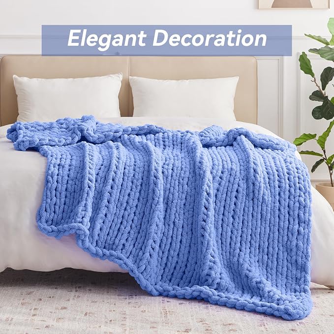 Negwoo Chunky Knit Throw Blanket, Handmade Light Blue Crochet Big Thick Blanket - Image 3