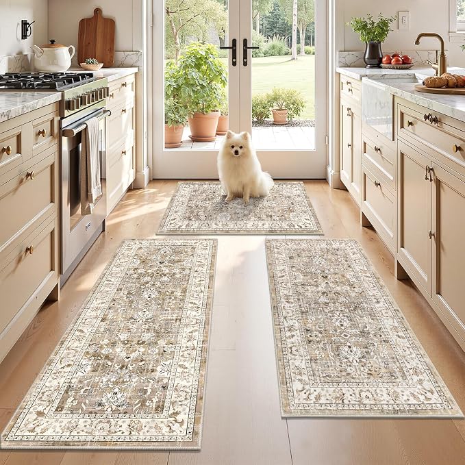 LOKHOM Washable Kitchen Rugs Sets of 3, Non Slip Floral Kitchen Mats by LOKHOM