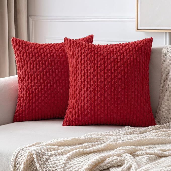 MIULEE Red Throw Pillow Covers Soft Corduroy Decorative Set of 2 Boho Striped by MIULEE