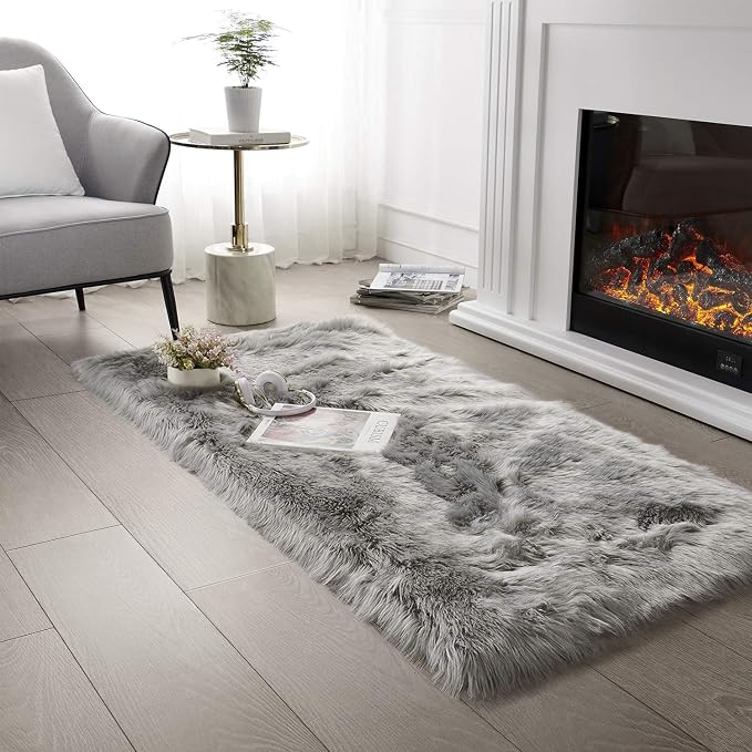 SERISSA Soft Fluffy Rug Grey Faux Sheepskin Fur Rug Shaggy Area Rug by SERISSAHomeDecorCollection