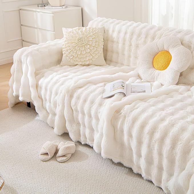 VClife Soft Plush Faux Fur Couch Cover, Warm Fuzzy White Sofa Covers - Image 9