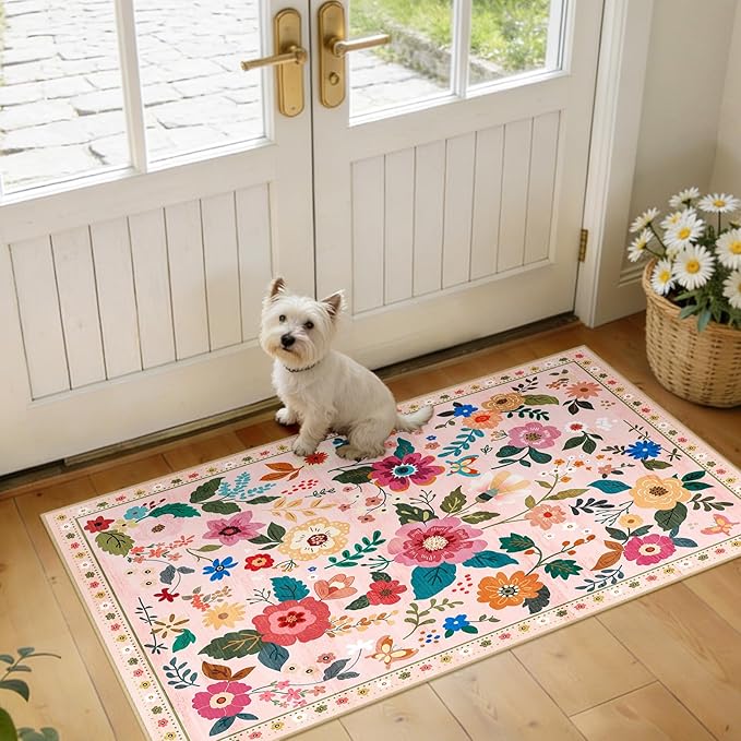 RELEANY Floral Nursery 2x4 Area Rugs Washable Print Boho Cute Carpet Non Slip by RELEANY