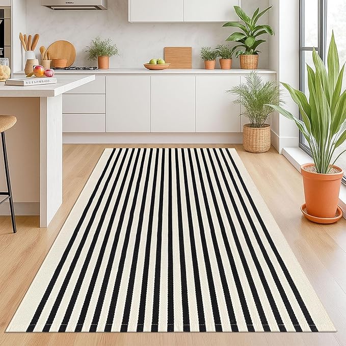KOZYFLY Black and Beige Striped Rug 4x6 Ft Area Rug Washable Indoor Outdoor Rug - Image 3