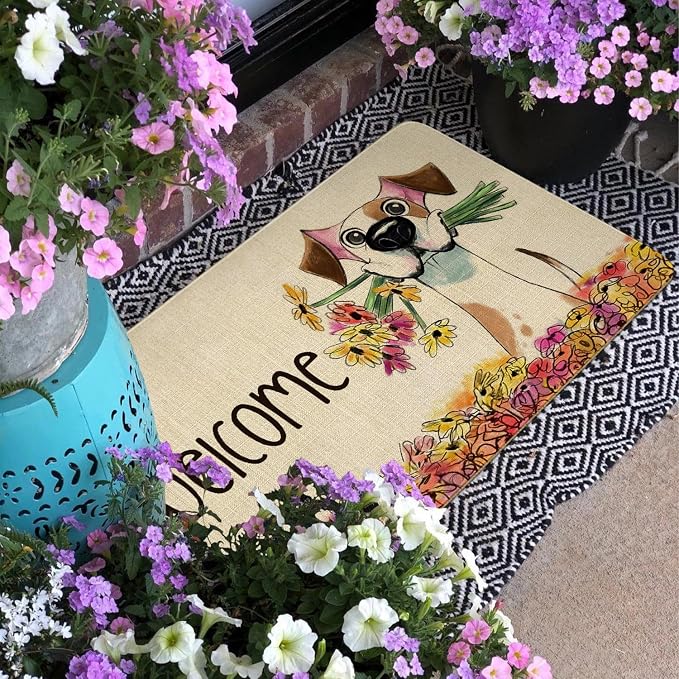 Spring Summer Door Mat, Floral Dog Indoor Outdoor Non-Slip Doormat, Entryway - Image 4