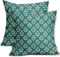 Teal Floral Block Print Pillow Covers 18x18 Inch Set of 2, Vintage Flower by Sivirary