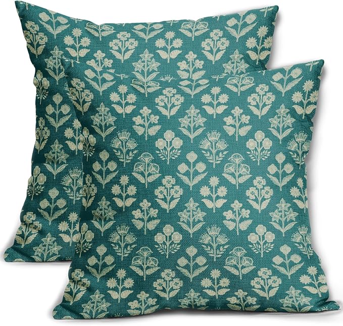 Teal Floral Block Print Pillow Covers 20x20 Inch Set of 2, Vintage Flower by Sivirary