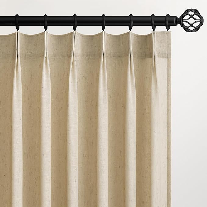 Topfinel Natural Beige Pinch Pleated Semi Sheer Curtains Textured Linen Blended by Topfinel