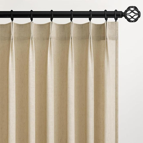 132 Inch Pinch Pleated Linen Curtains 2 Panels, Natural Beige Semi Sheer by Topfinel