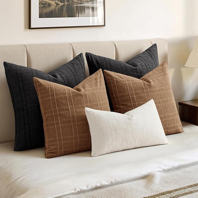 MIULEE Decorative Linen Check Throw Pillow Covers Neutral Farmhouse Vintage - Image 5