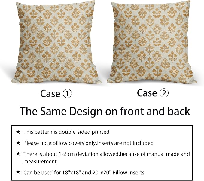 Mustard Yellow Floral Pillow Covers 22x22 Inch Set of 2, Vintage Flower Block - Image 6