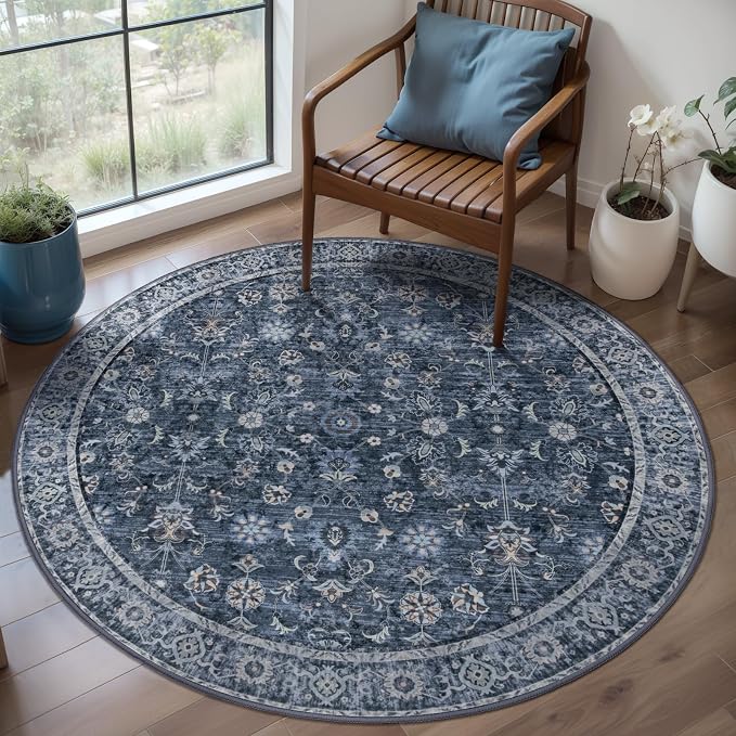 Tangsoo Vintage Round Rug 3ft Washable Circle Rug, Non Slip Small Boho Round Rug by Tangsoo
