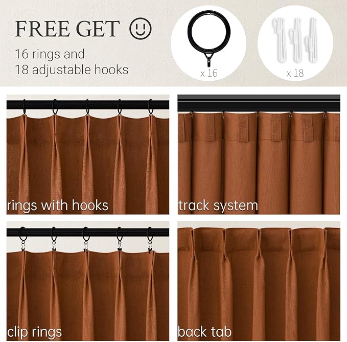 94 Inch Length Bohemian Rustic Pinch Pleat Linen Curtains Drapes 2 Panels Set - Image 2