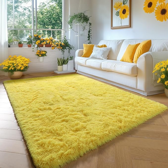 Amdrebio Yellow Area Rug for Bedroom Living Room, 5x7 Fluffy Fuzzy Plush Rugs - Image 3