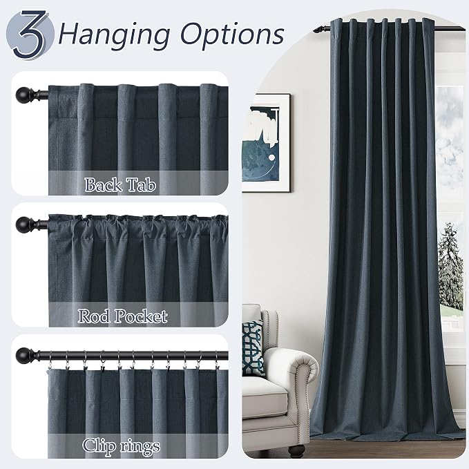 Guken Vintage Blue 100% Blackout Linen Curtains 84 Inch Length 2 Panels Set - Image 6