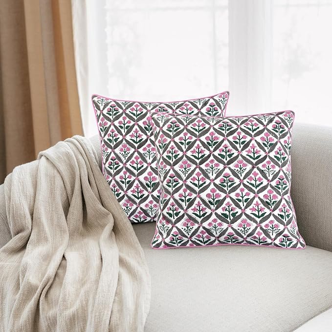 Ridhi Block Print Pink and White Pillow Cover 18" x 18" Decorative Couch Pillows - Image 3