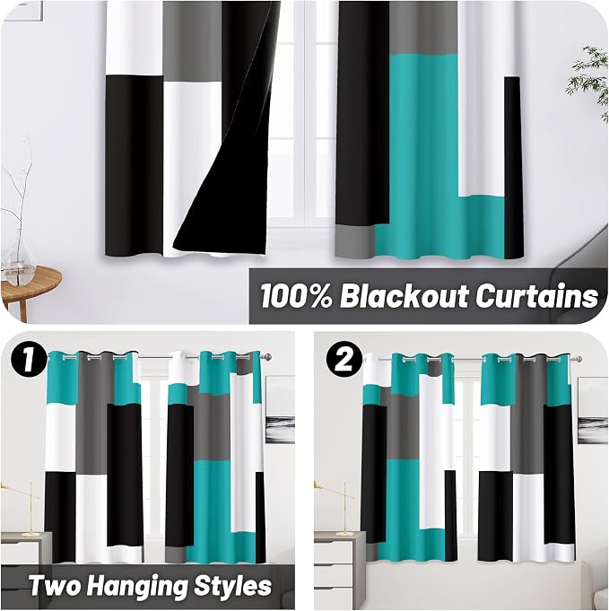 Tyrot Teal/Turquoise 100% Blackout Curtains 45 inch Length 2 Panels Set Black - Image 2
