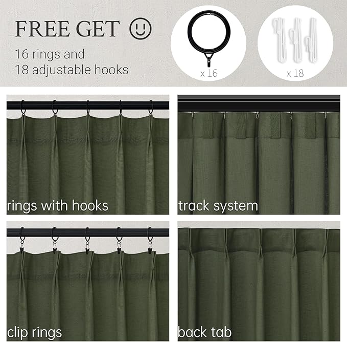 Topfinel Olive Green Pinch Pleated Linen Curtains 95 Inch Length 2 Panels - Image 2