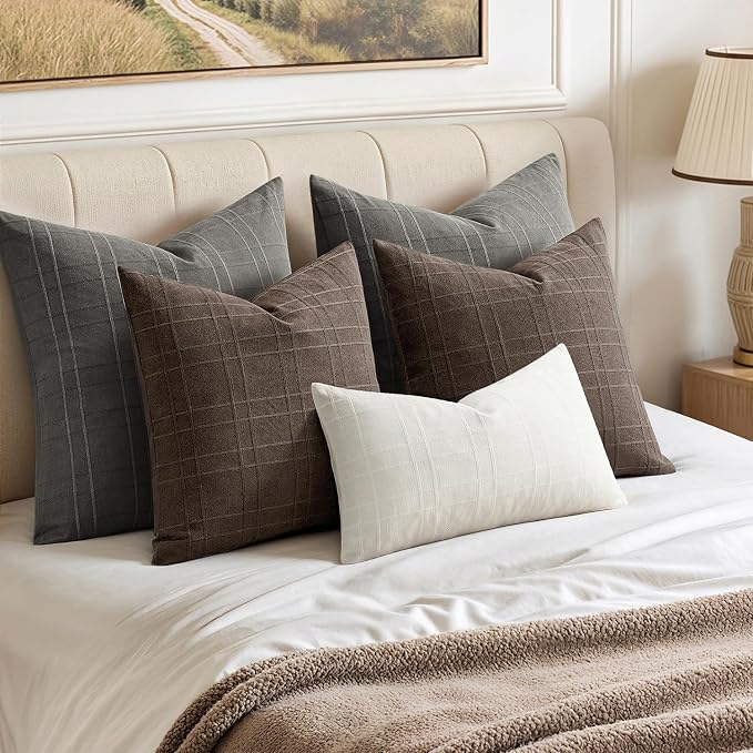 MIULEE Decorative Linen Check Lumar Throw Pillow Covers Neutral Farmhouse - Image 3