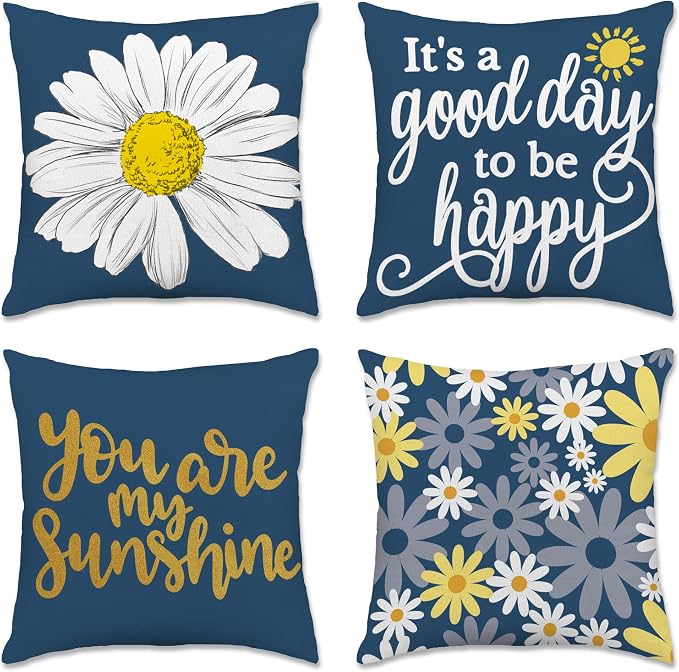 Hexagram Spring Summer Pillow Covers 16x16 Set of 4, Outdoor Floral Daisy by Hexagram