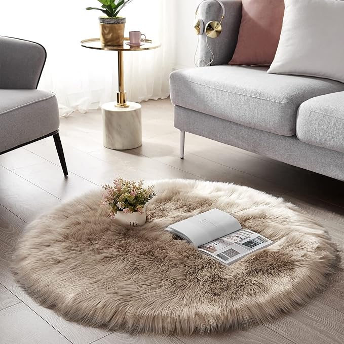 SERISSA Soft Round Faux Sheepskin Fur Area Rug Beige Circle Fluffy Rugs - Image 5