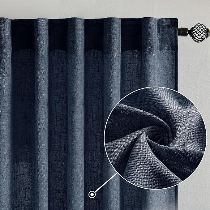 MIULEE Navy Blue Linen Curtains 63 Inch Length 2 Panels - Image 2